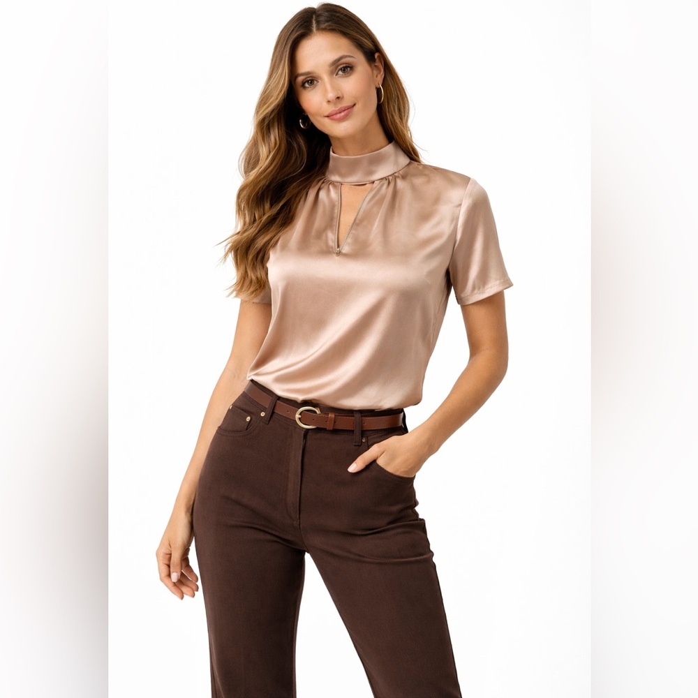 Theory Tan‎ Blouse slit collar v neck satin P XS quiet luxury versatile